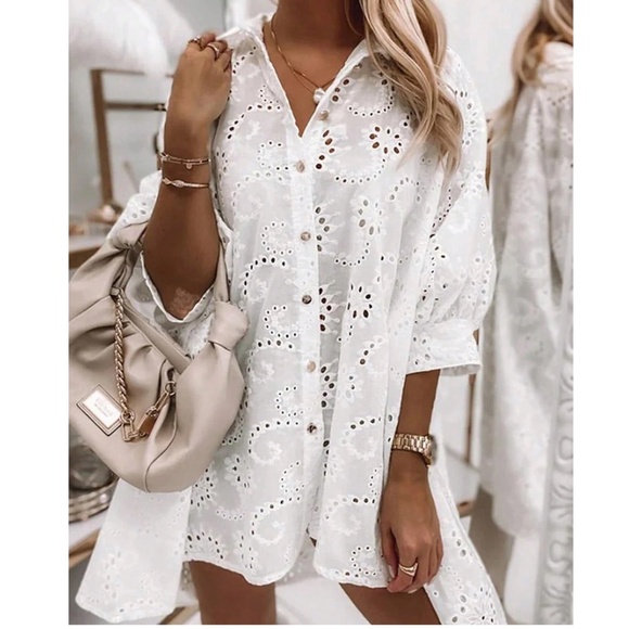 Boho Eyelet Puff Sleeve Button Down Shirt Dress - Picture 3 of 8